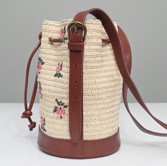 SEZANE MINI FARROW RAPHIA CROSSBODY BUCKET BAG SMALL PINK FLORAL EMBROIDERY - Picture 6 of 11